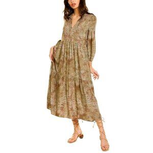 Johnny Was Calmé Tiered Puff Sleeve Midi Dress Sz (S) Beige Floral Boho Peasant